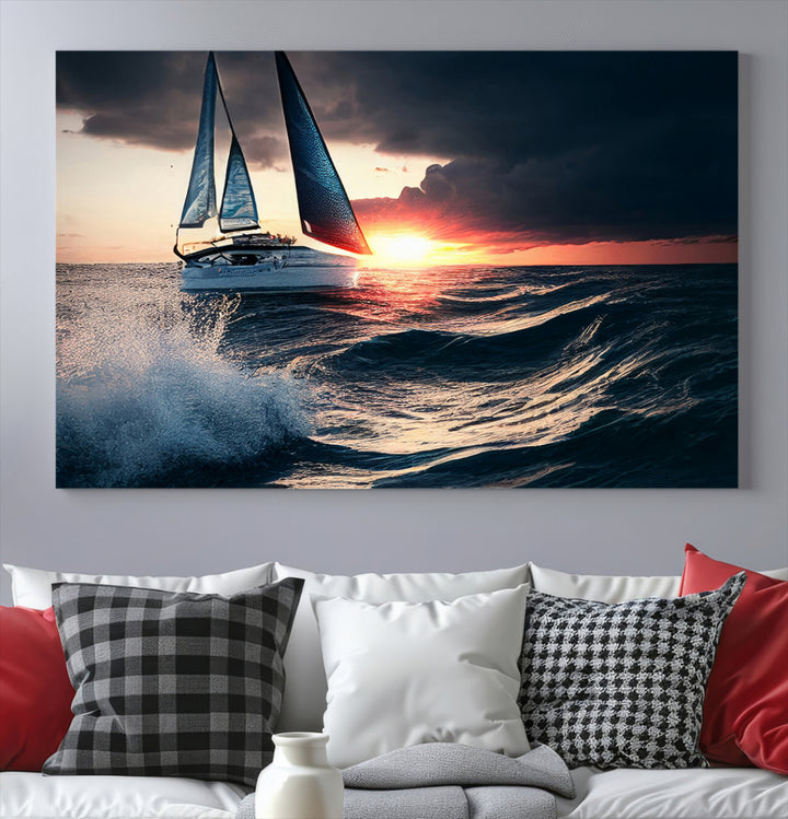 Ocean Sailing Boat Wave Sunset Wall Art Canvas Print