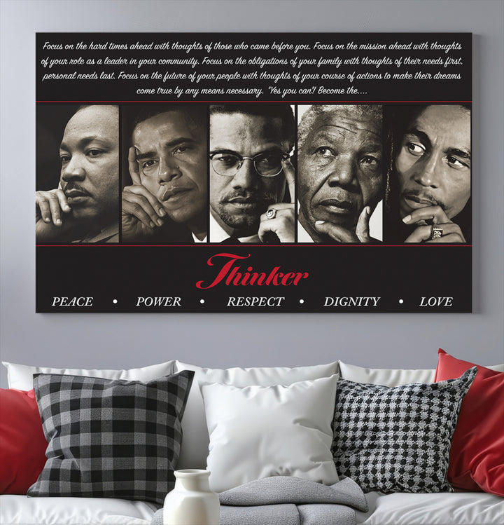 Thinker Wall art, Martin, Obama, Malcolm X, Mandela, Marley, Thinker Quintet Peace Power Respect Dignity Love Canvas Print, African Art Gift