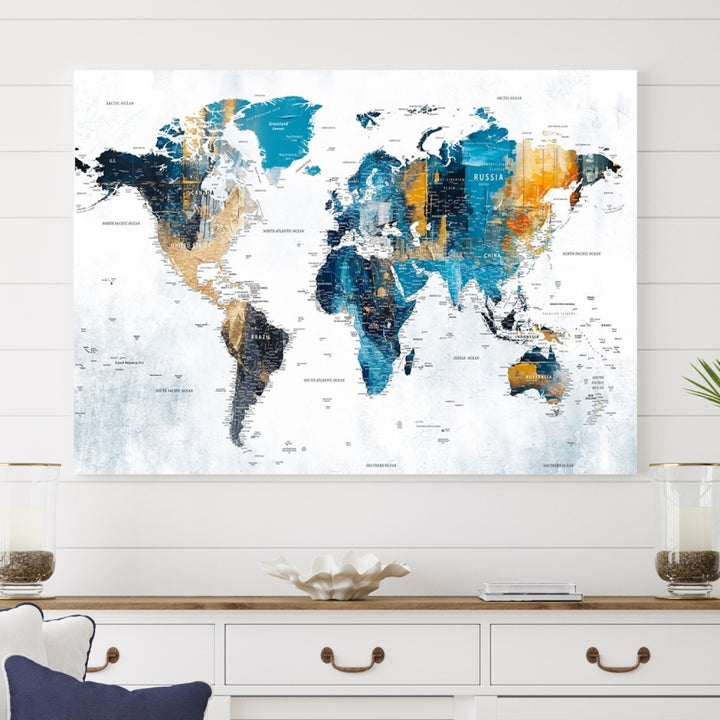 Carte du monde Turquoise Orange Art mural Impression sur toile