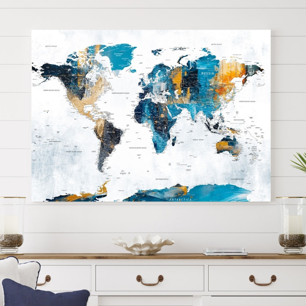 Mapa del mundo lienzo arte de la pared Mapa de acuarela impresión Decoración de la pared de viaje Mapa abstracto Arte de geografía Regalos de viaje Mapa del mundo colorido Arte de lienzo grande