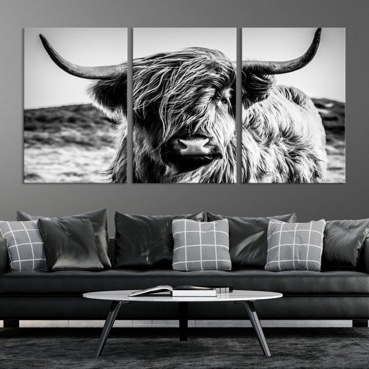 Lienzo de vaca escocesa en blanco y negro, arte de pared, impresión en lienzo de ganado de las tierras altas