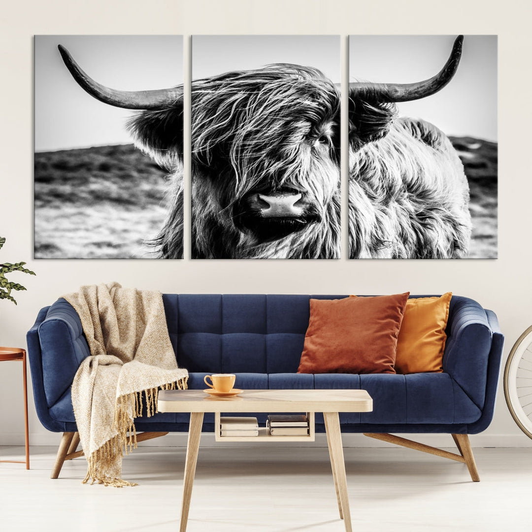 Impresión artística en lienzo para decoración de pared en blanco y negro de vaca escocesa para decoración de casa de granja