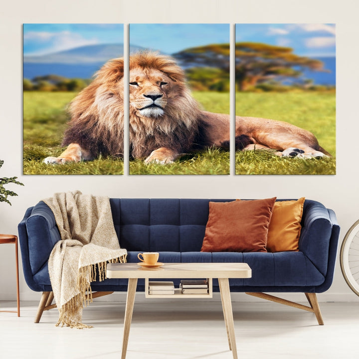 Lion on Savannah Africa Wall Art Canvas Print