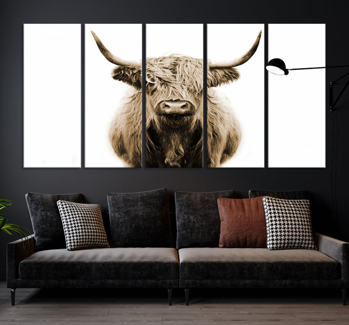Sephia Highland Cow Canvas Wall Art Farmhouse Decor Cow Black White Print Rustic Wall Decor Animals Painting Scottish