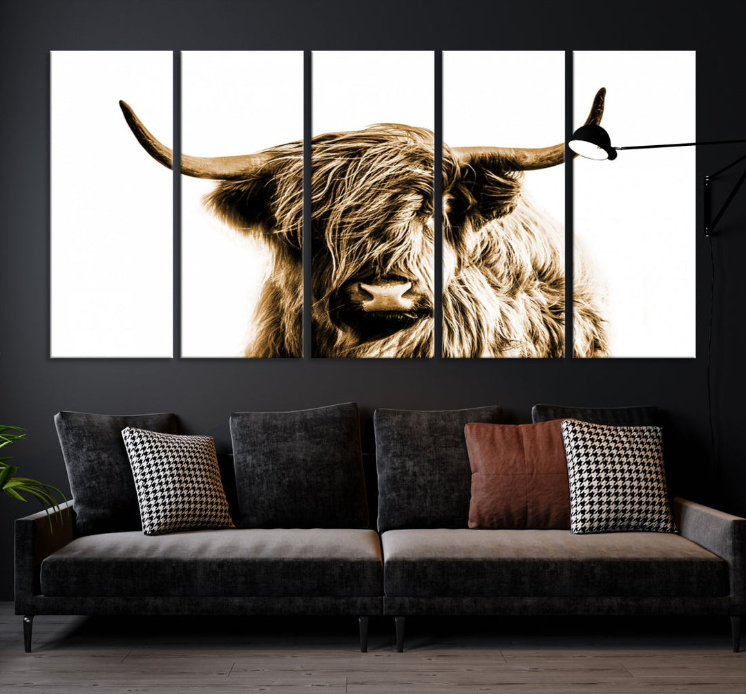 Sephia Highland vaca lienzo pared arte granja decoración vaca negro blanco impresión rústica pared decoración animales pintura escocesa vaca pared arte