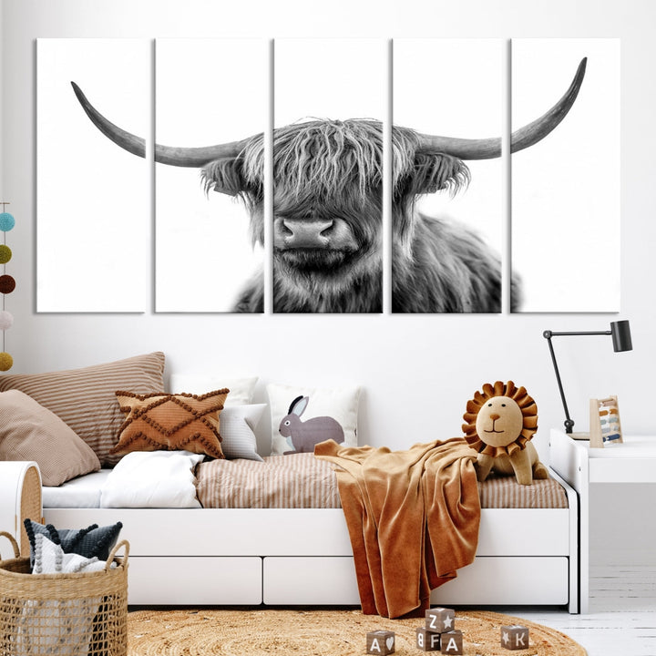 Grayscale Scottish Highland Cow Cattle Art Print Farmhouse Wall Art Canvas Print