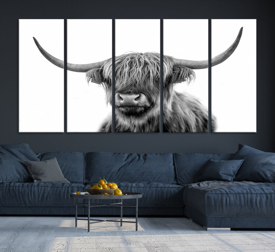 Grayscale Scottish Highland Cow Cattle Art Print Farmhouse Wall Art Canvas Print