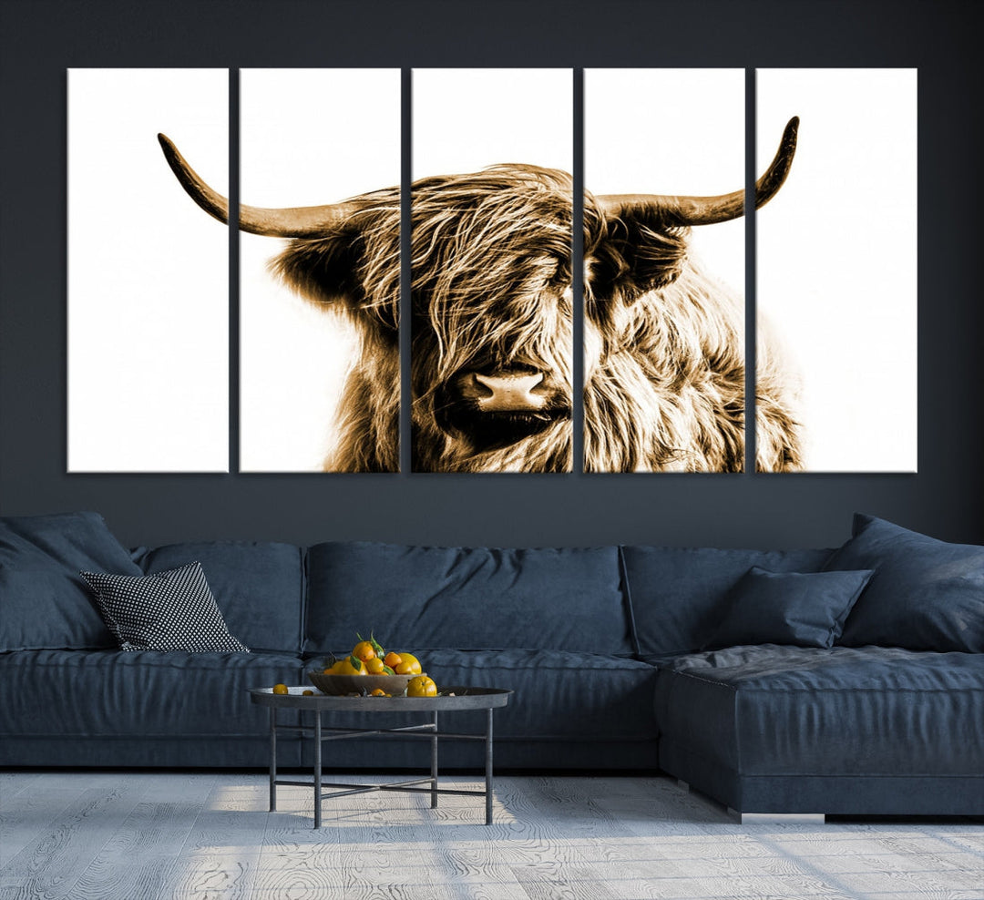 Sephia Highland Vache Toile Mur Art Ferme