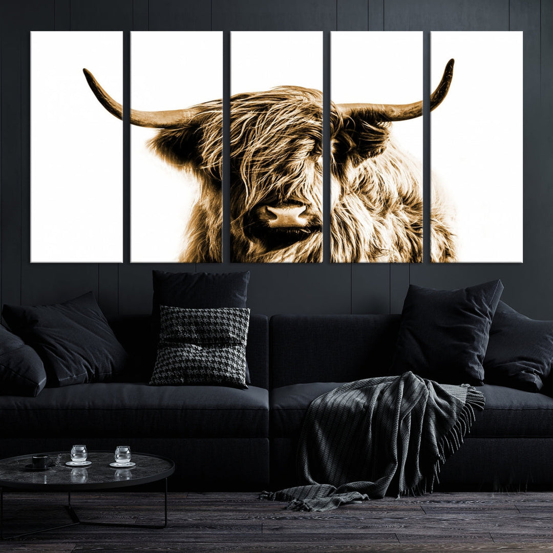 Sephia Highland vaca lienzo pared arte granja decoración vaca negro blanco impresión rústica pared decoración animales pintura escocesa vaca pared arte