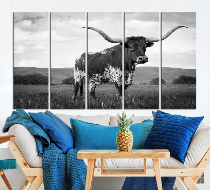 Lienzo de vaca de Texas para pared, diseño de animales, impresión en lienzo, decoración de casa de campo, pinturas en lienzo, sala de estar, oficina, decoración del hogar, decoración rústica de pared, enmarcado, varios paneles, lienzo dividido, imprimible