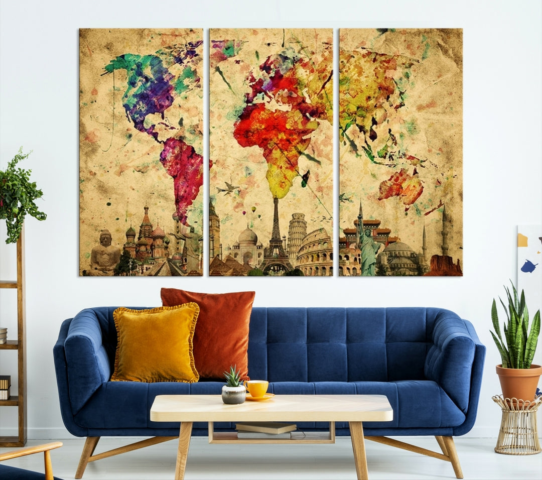 Carte du monde colorée avec les merveilles du monde ci-dessous
