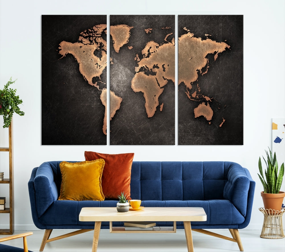 Impression sur toile d’art mural de carte du monde métallique