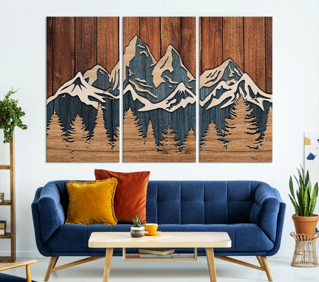 Impression sur toile d'art mural abstrait avec effet de panneau de bois, chaîne de montagnes