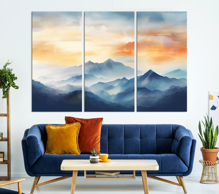 Orange Dark Blue Abstract Mountain Wall Art Canvas Print