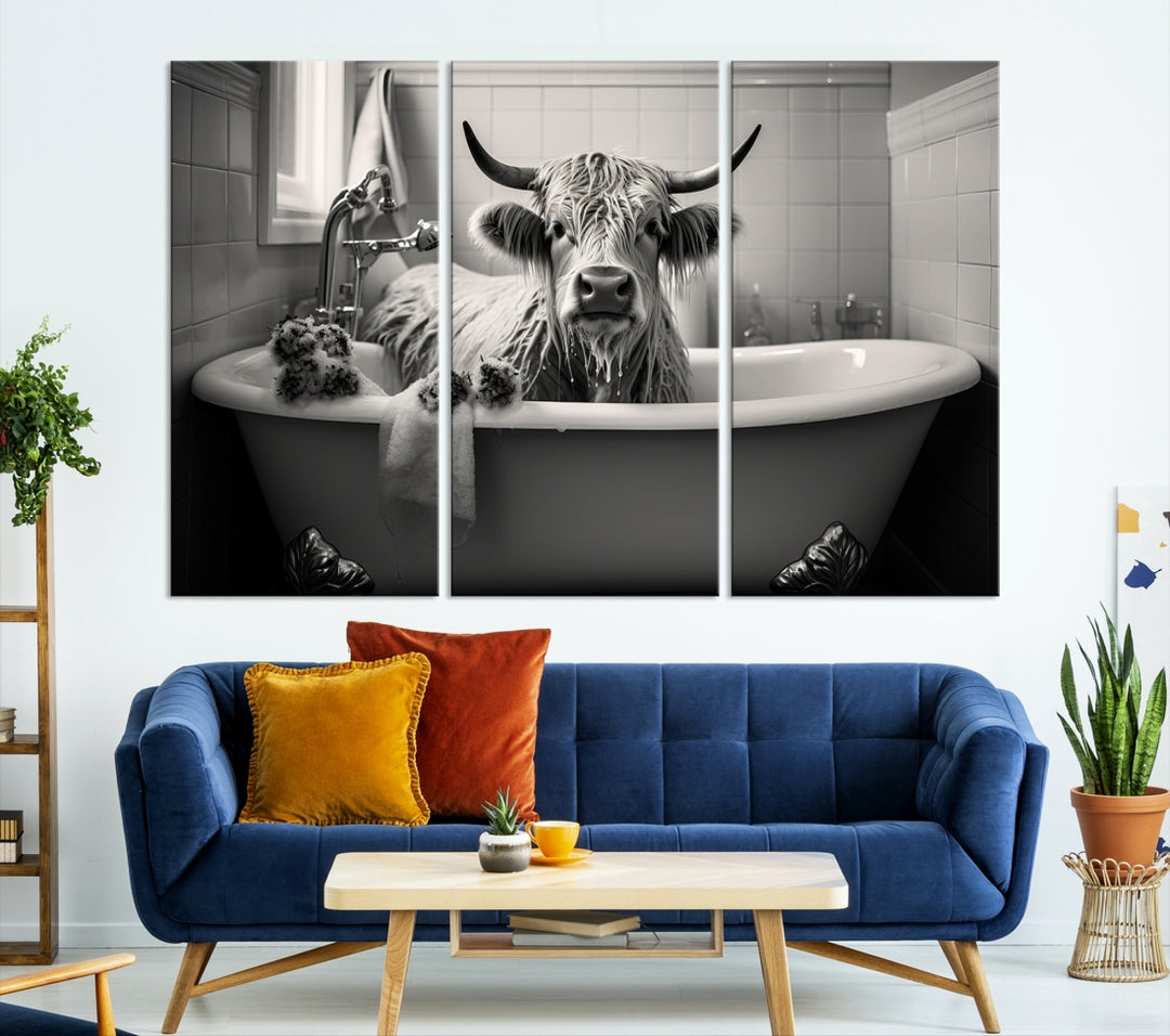 Vintage Cow in a Bubble Bath Whimsical Animal Art Canvas Print Farmhouse