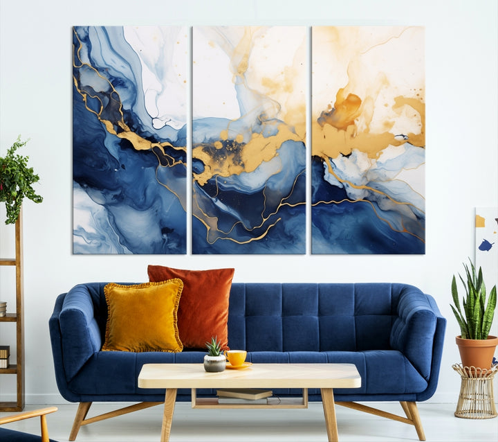 Art mural abstrait bleu marine or Impression sur toile