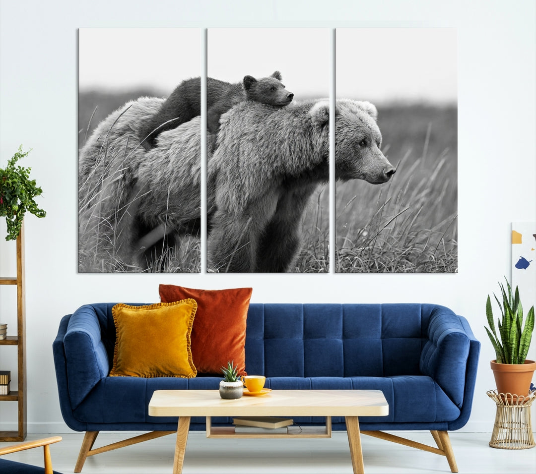 Bebé oso y mamá oso familia blanco y negro decoración lienzo impresión pared arte lienzo listo para colgar