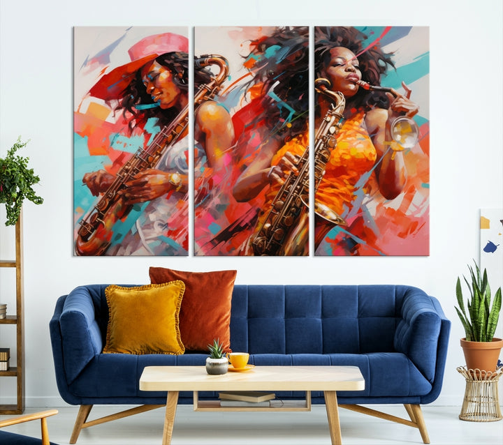 Arte abstracto de la pared de las mujeres del músico del saxofonista afroamericano para la sala de estar, arte de la pared de la música del jazz