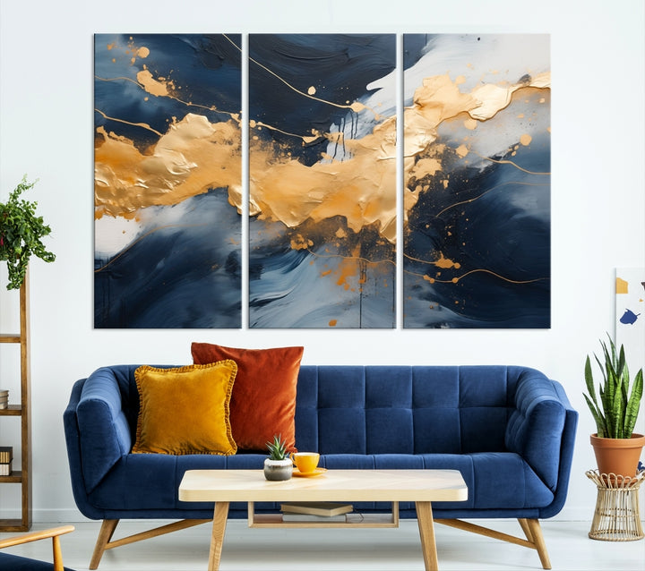 Blue Gold Abstract Wall Art Canvas Print