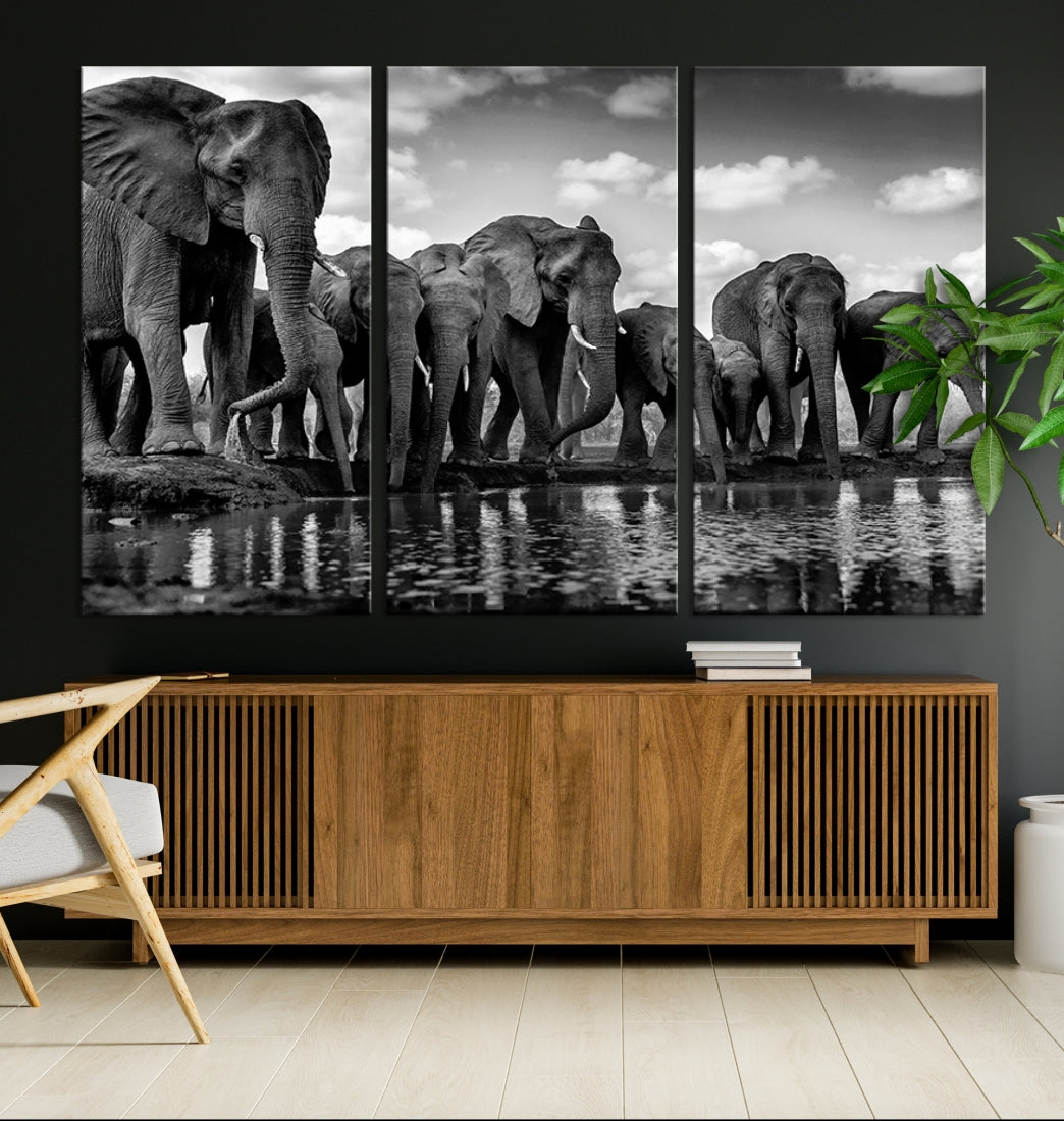 Large Wall Art Animal Canvas Print - Herd of Elephant Drinking Water Black and White