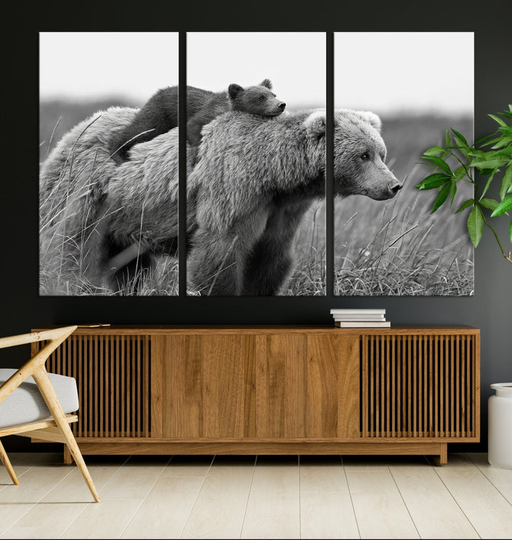 Bébé ours et maman ours famille noir et blanc toile impression mur Art toile