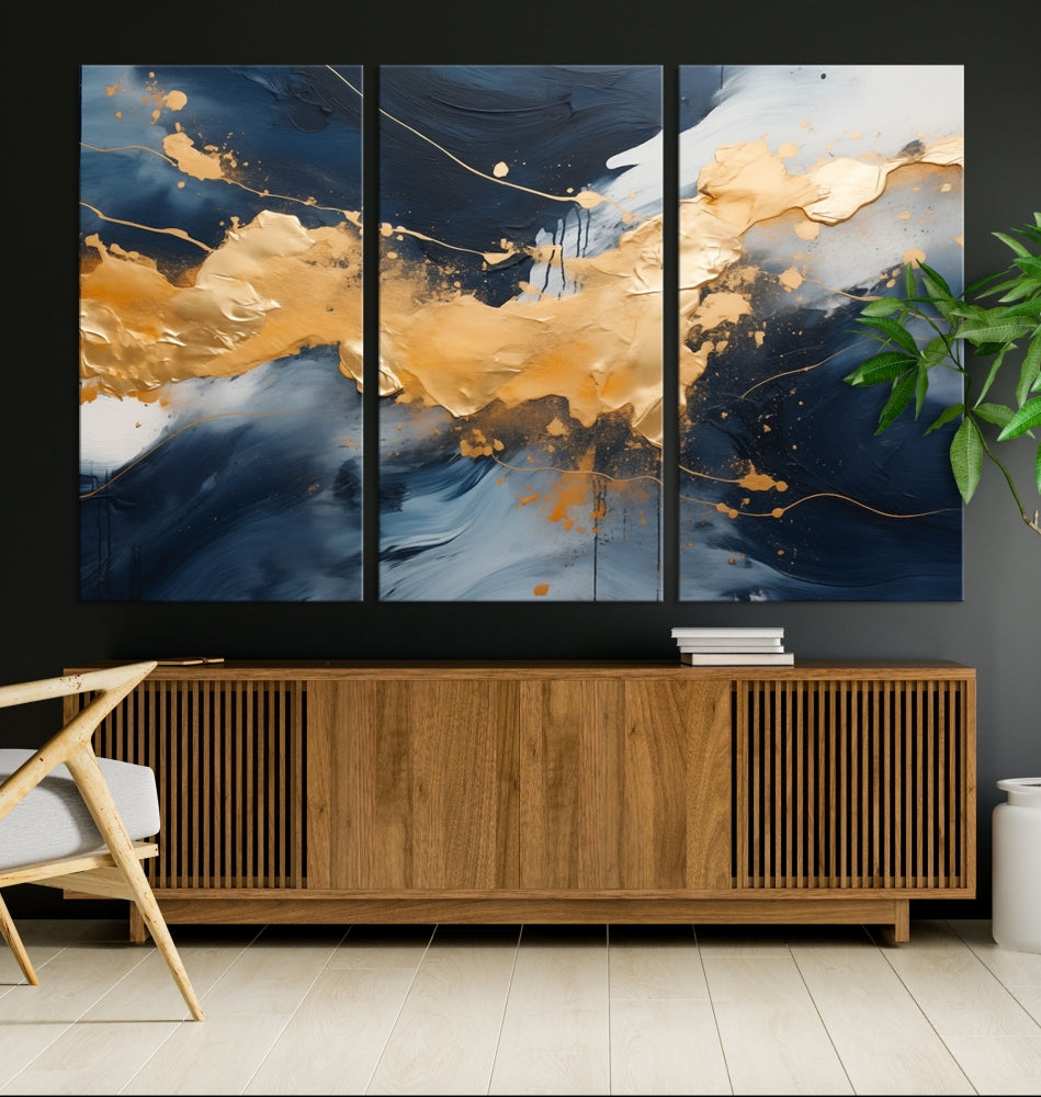 Navy Blue and Gold Abstract Multi Panel Wall Art Canvas Print