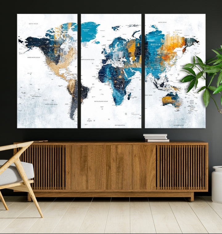 World Map Turquoise Orange Wall Art Canvas Print