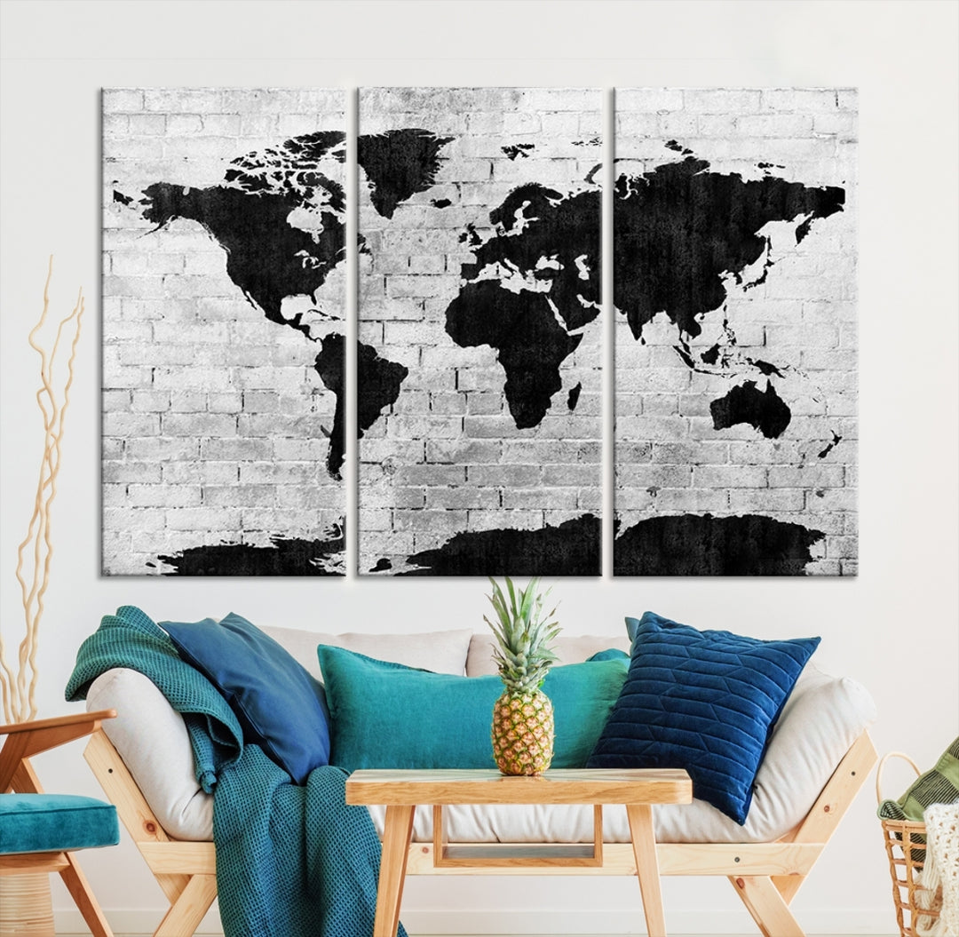 Toile d’art mural de carte du monde ombragé noir et blanc