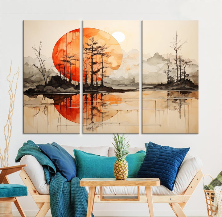 Abstract Watercolor Trees and Sun on Lake Wall Art Canvas Print