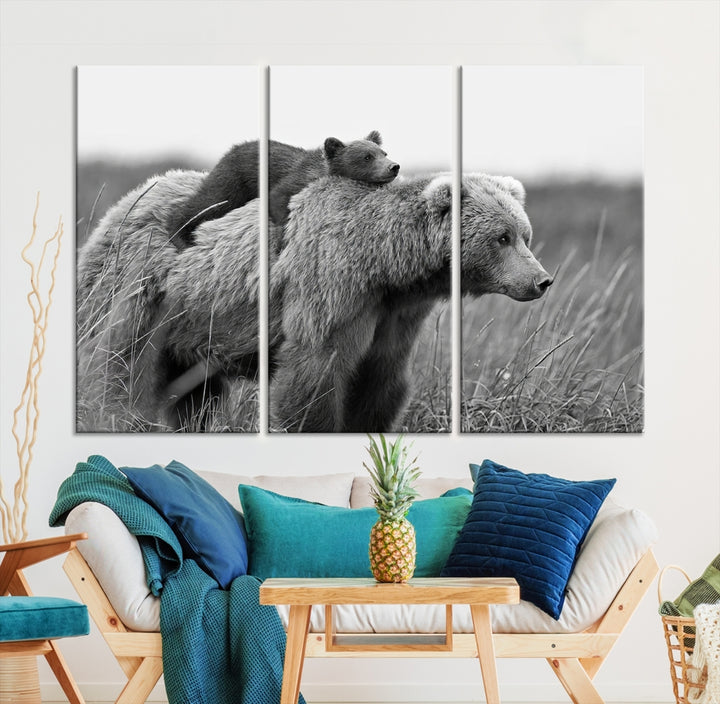 Bébé ours et maman ours famille noir et blanc toile impression mur Art toile
