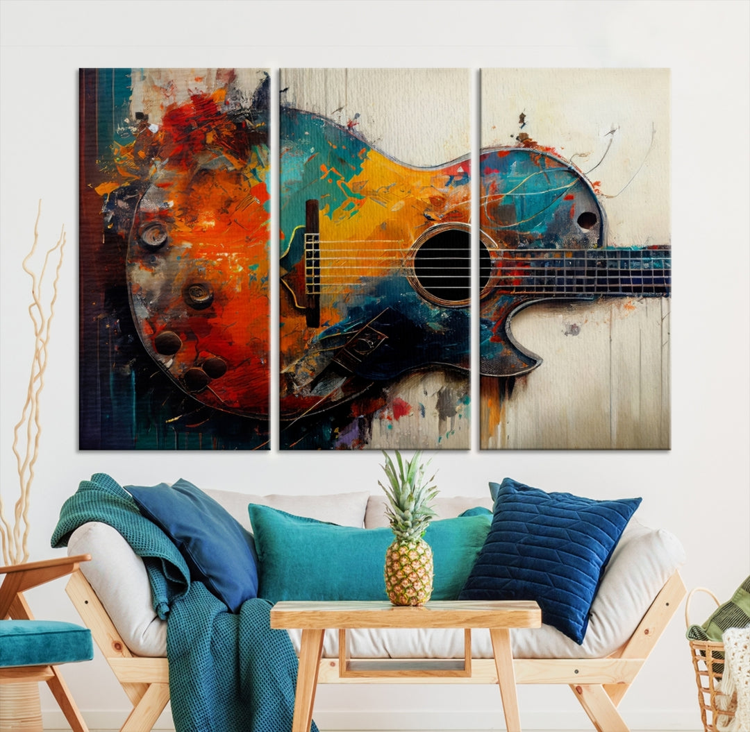 Guitarra abstracta colorida pintura al óleo lienzo impresión arte de la pared, impresión de lienzo de guitarra, lienzo de música de alta calidad, decoración de pared de instrumentos musicales