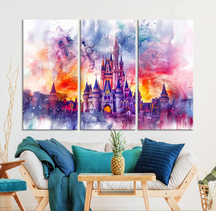 Disney Wall Art, Cinderella Castle Disney Prints Art, Kids Art, Disneyland Poster, watercolor art paintings on canvas
