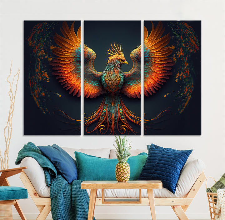 Red Orange Bird Canvas Art, Long Tailed Bird of Paradise, Phoenix Canvas Art