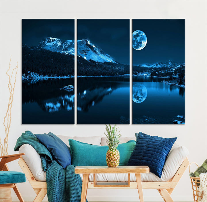 Blue Moon Mountain Lake Landscape Framed Wall Art Canvas Print