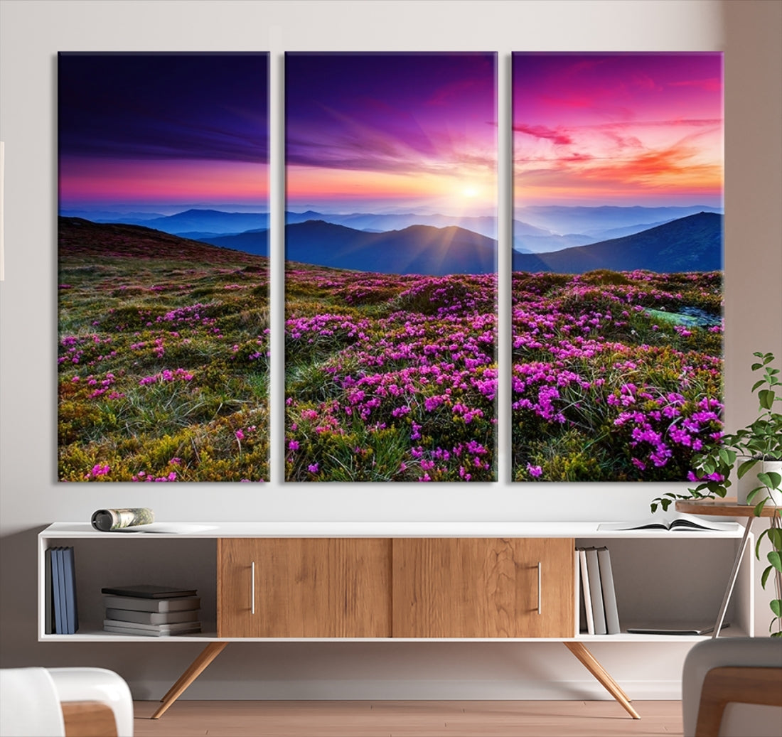 Large Wall Art Landscape Canvas Print - Purple Flowers and Mountains Behind at Sunset