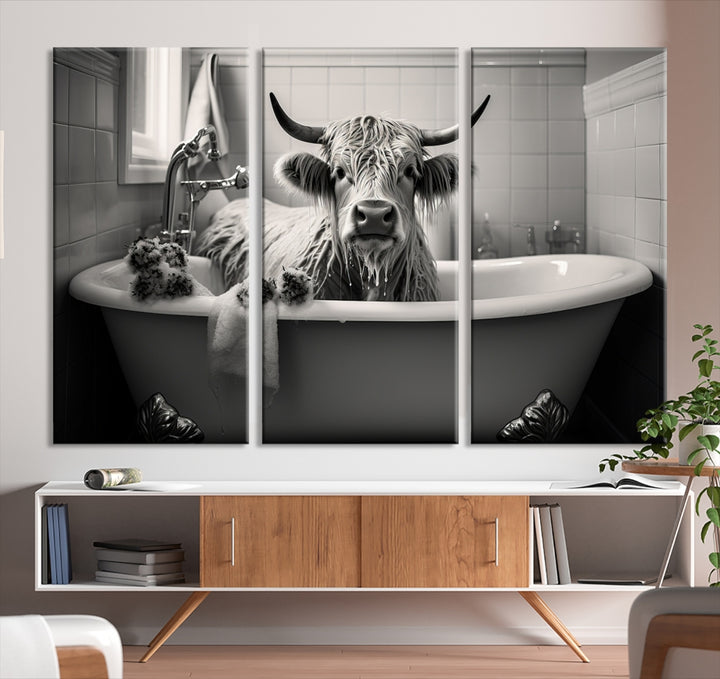 Vintage Cow in a Bubble Bath Whimsical Animal Art Canvas Print Farmhouse