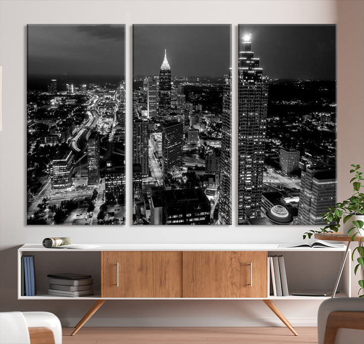 Atlanta City Lights Skyline Art mural noir et blanc Paysage urbain Impression sur toile