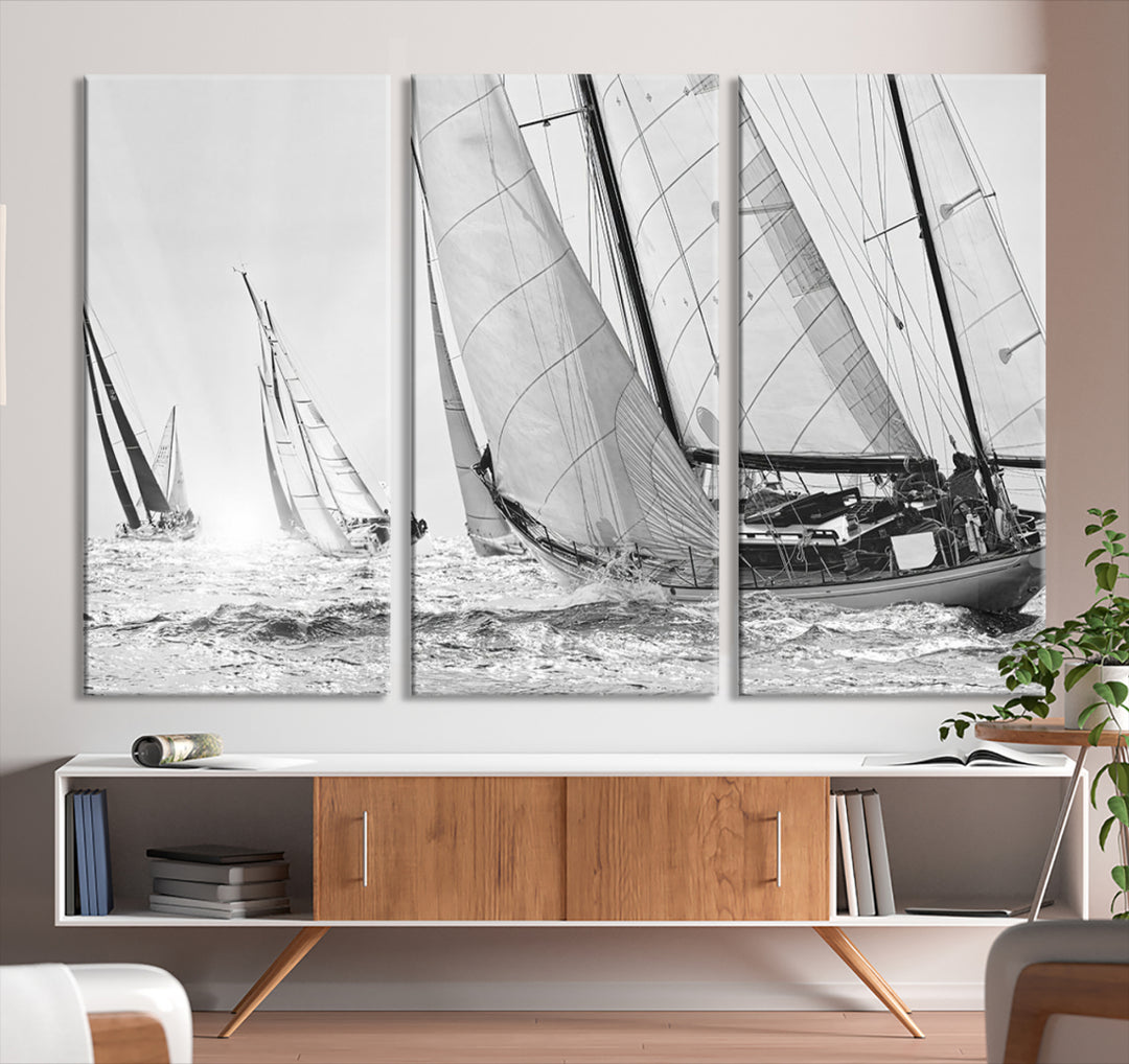 Impresión de velero Yacht Regatta lienzo pared arte Yate decoración de la pared Seascape Art Sailing Ship Negro Blanco extra grande arte de la pared Sailing Regatta