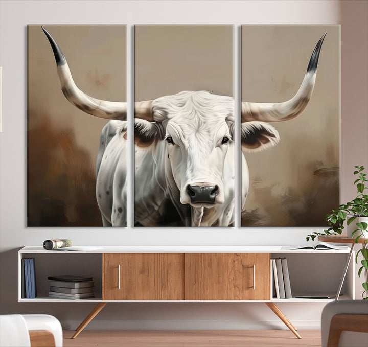 Texas Longhorn Canvas Wall Art White Cow print Cattle Farmhouse Decor