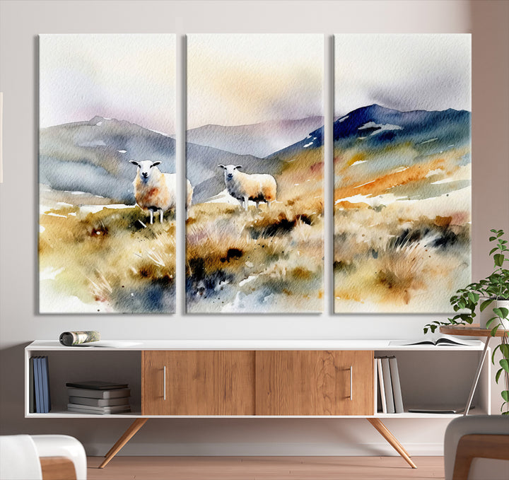 Watercolor Sheep for Farmhouse Decor Wall Art Canvas Print, Mountain Wall Art Print