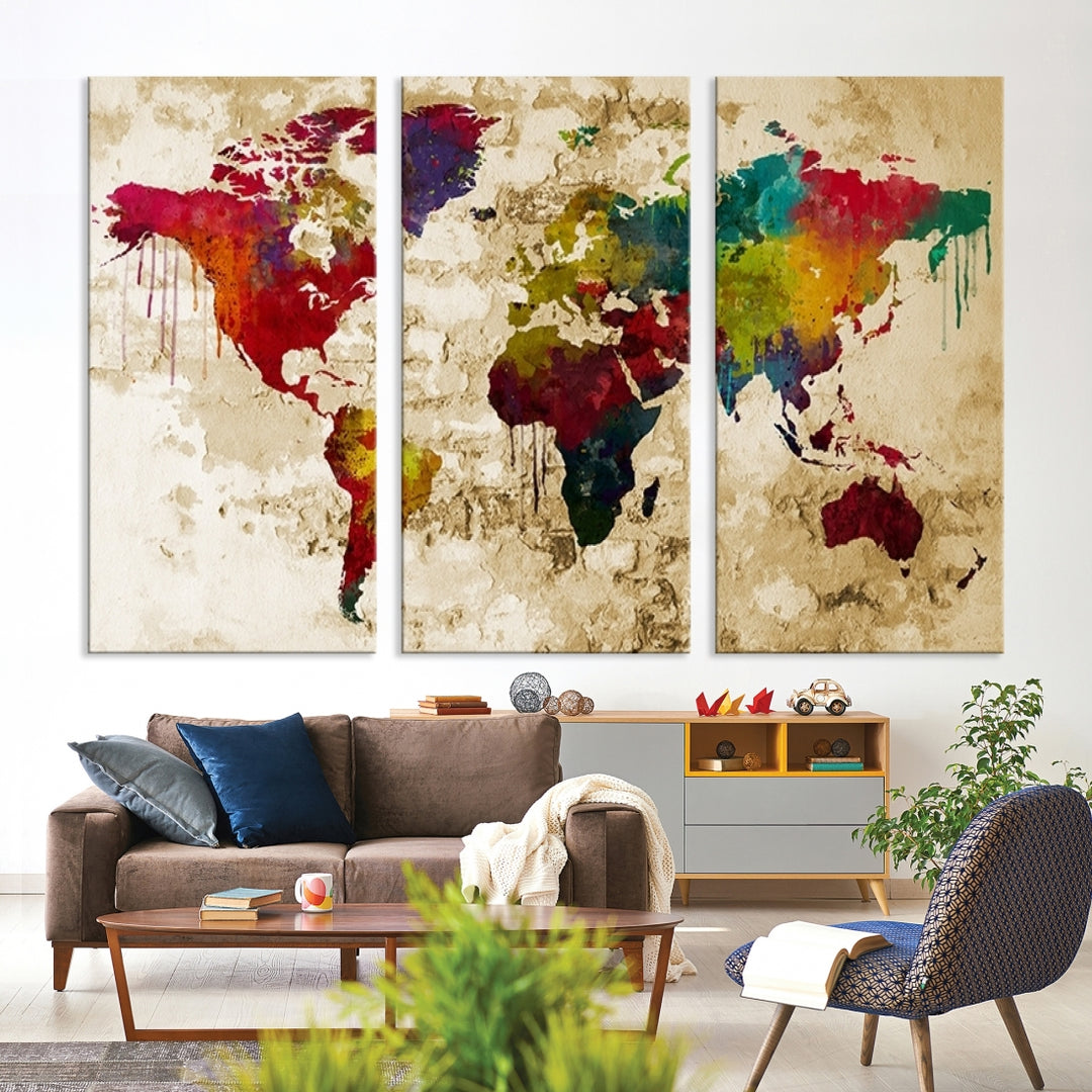 Art mural carte du monde impression sur toile couleur arc-en-ciel carte du monde de style vintage