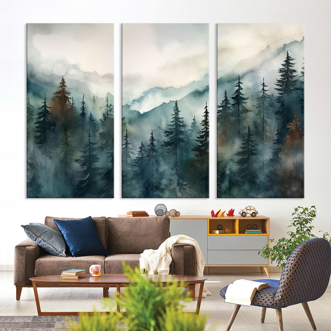 Art mural abstrait aquarelle forêt de pins montagne Impression sur toile