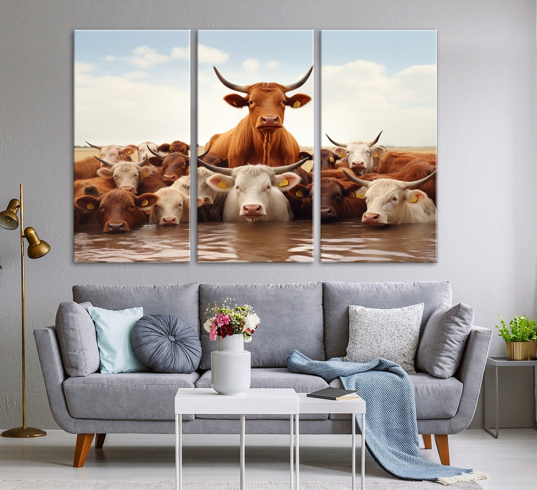 Abstract Cows in River Wall Art Canvas Print