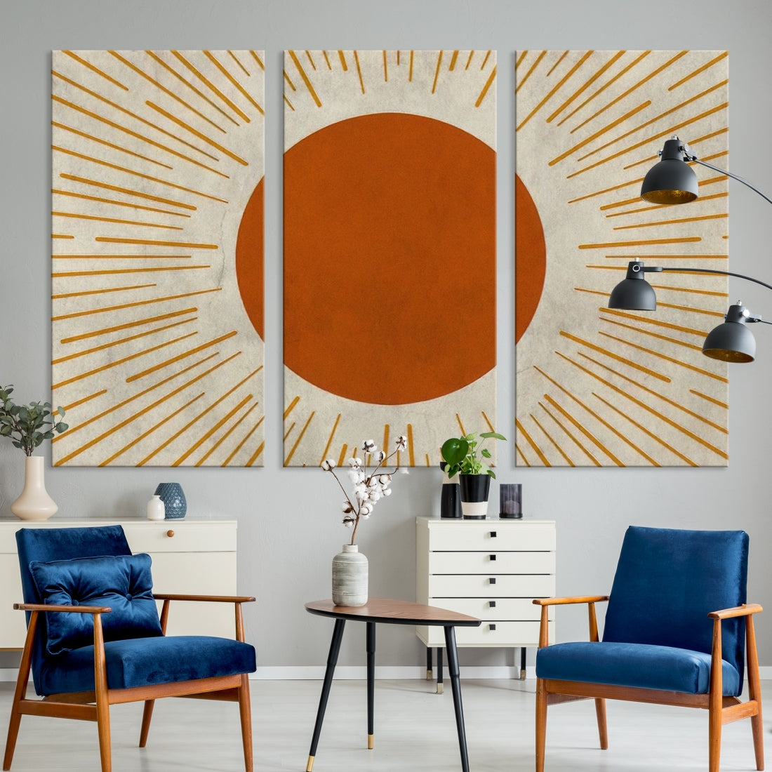 3 Piece Framed Canvas Wall Art Sun with Rays Prints Mid Century Modern Home Artwork Neutral Boho Decor for Bedroom