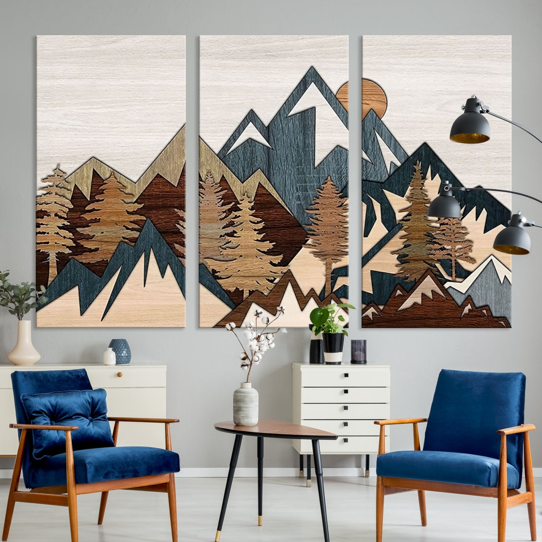 Framed Canvas Wall Art Wood Panel Effect Mountain Range Top Print Modern Art Rustic Decor for Living Room