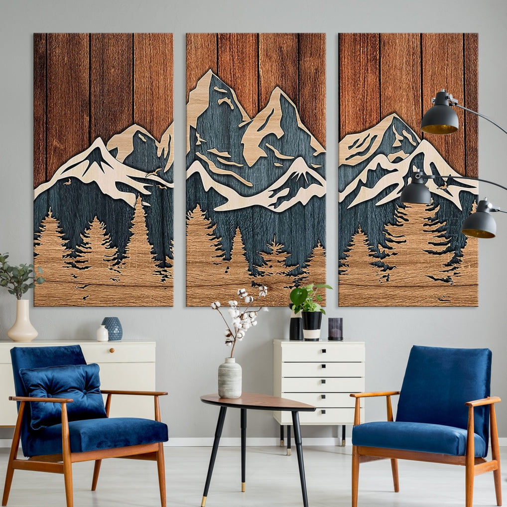 Canvas Wall Art Wood Panel Effect Mountain Range Top Print Modern Art Rustic Decor for Living Room