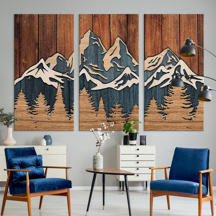 Efecto de panel de madera Cordillera Top Wall Art Print Arte moderno Decoración rústica para sala de estar, lienzo enmarcado Impresión abstracta de montaña sobre lienzo