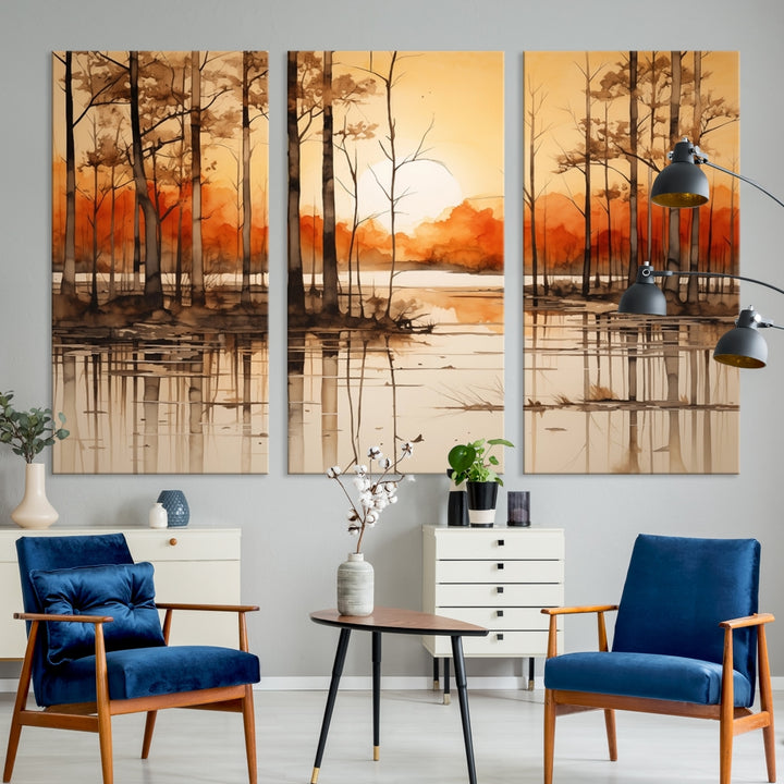 Art mural Arbres aquarelles abstraits et coucher de soleil sur le lac