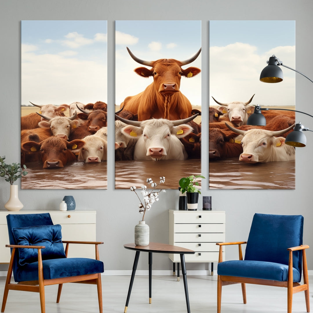 Abstract Cows in River Wall Art Canvas Print