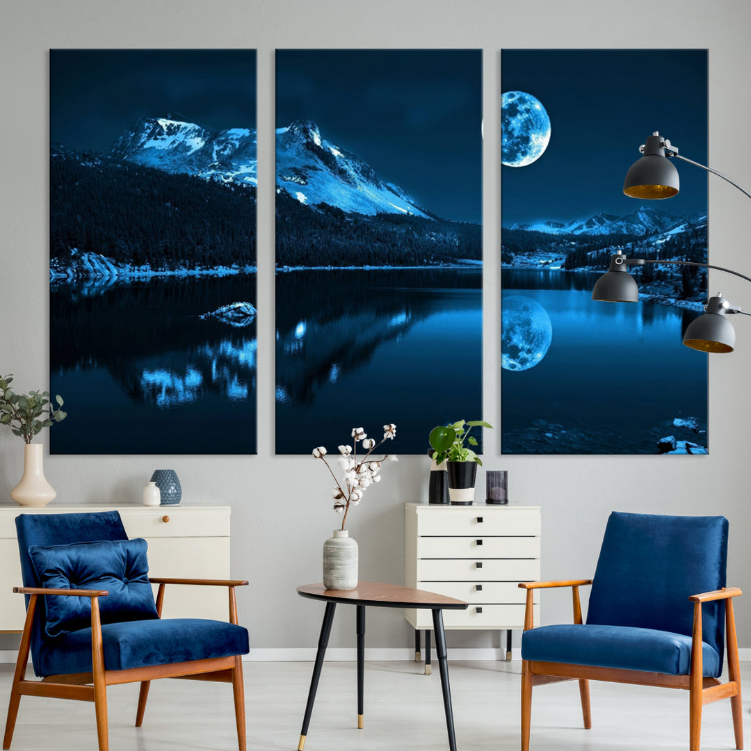 Blue Moon Mountain Lake Landscape Framed Wall Art Canvas Print